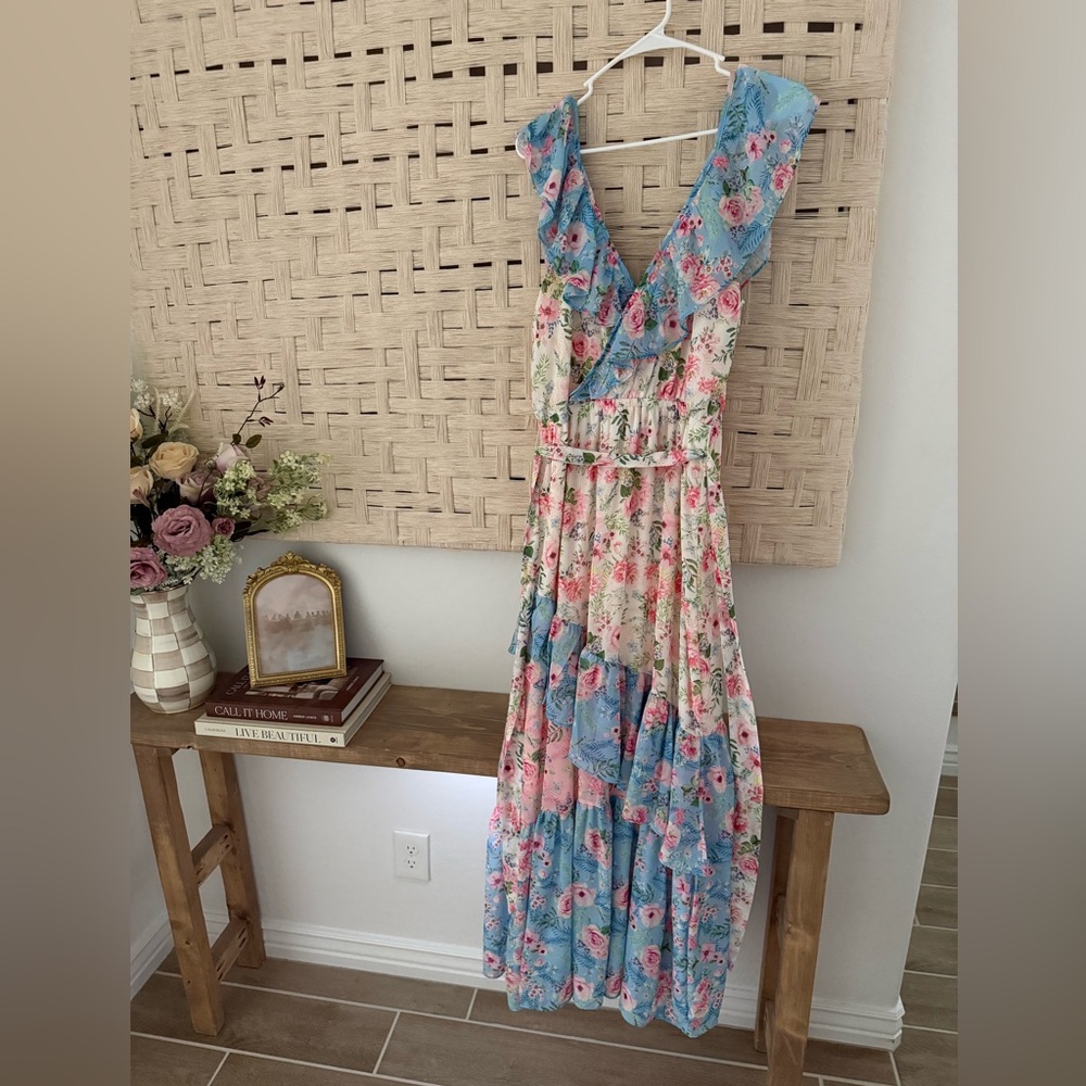 Floral Ruffle V-Neck Tiered Maxi Dress in Blue, Pink, Cream